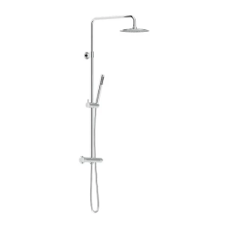 Душевая система Damixa Scandinavian Pure, высота 1050-1450 мм, цвет хром, комплект: термостатический смеситель/тропический душ круглый (с верхней лейкой)/стойка/лейка/шланг, латунь/пластик
