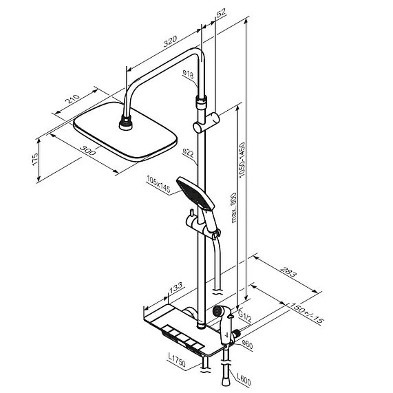 Душевая система Damixa Gala, высота 1050-1450 мм, цвет хром, комплект: термостатический смеситель/гигиенический душ/тропический душ прямоугольный (с верхней лейкой)/стойка/лейка/шланг, пластик/латунь