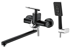 Смеситель для ванны/душа LEDEME настенный, однорычажный, поворотный, латунный, длина излива 350 мм, латунь, цвет черный/хром