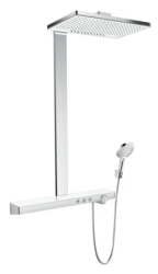 Душевая система Hansgrohe Rainmaker Select Showerpipe 460 2jet, высота 109 см, цвет хром/белый, комплект: верхний душ/ручной душ/термостат для душа/штанга для душа/держатель для душа, наружного монтажа, настенная, латунная