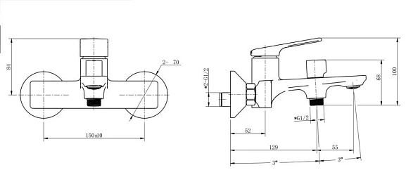 Смеситель для ванны/душа Knotlor Vigor, однорычажный, настенный, керамический, неповоротный, длина излива 184 мм, латунь, цвет матовый черный