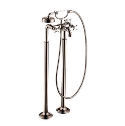 Смеситель для ванны Axor Montreux напольный, двухвентильный, с крестообразными рукоятками, неповоротный, латунный, длина излива 23,4 см, керамический, цвет полированный никель, с душевым шлангом/держателем/лейкой