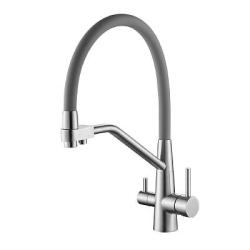 Смеситель для кухни/мойки Splenka S71.62.05 с подключением фильтра, однорычажный, поворотный/гибкий, керамический, излив 238 мм, высота излива 191 мм нержавеющая сталь/силикон, цвет сатин/серый