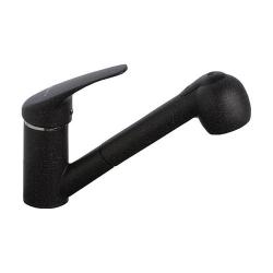 Смеситель для кухни ALVEUS GENESIS GM 220 G91-CARBON AQ однорычажный, поворотный/выдвижной, керамический, с низким гибким изливом с лейкой, высота излива 10,5 см, латунь, покрытие гранит, цвет карбон, на мойку