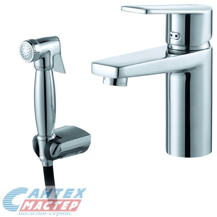 Смеситель D&K Lessing Rhein с гигиеническим душем/лейкой, однорычажный, излив короткий, длина 109 мм, керамический, латунь, цвет хром, без донного клапана