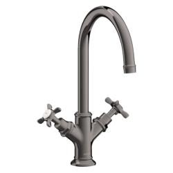 Смеситель для раковины Axor Montreux, двухвентильный, поворотный излив, длина излива 17,5 см, керамический, латунь, цвет полированный черный хром, с донным клапаном