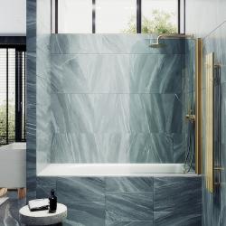 Душевая шторка на ванну MaybahGlass, 140х70 см, прозрачное стекло/профиль золото, поворотная, закаленное стекло 6 мм, плоская/панель, правая/левая, правосторонняя/левосторонняя, универсальная