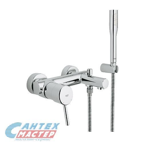 Смеситель для ванны/душа Grohe Concetto однорычажный, керамический, настенный, излив 156 мм, с гибким шлангом, душем/лейкой, латунь хром, короткий, универсальный, горизонтальный, рычажный, кран, комплект, сантехника, размер, характеристики, высота