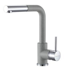 Смеситель для кухни/мойки Paulmark Kassel, однорычажный, поворотный, керамический картридж, высокий, выдвижной излив, длина излива 187 мм, латунь, цвет серый/хром