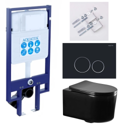 Комплект унитаза с инсталляцией Aquatek Мия (Сет) c сиденьем микролифт, с клавишей смыва (кнопкой, клавишей двойного смыва) черная клавиши круглые, унитаз черный, комплект крепления