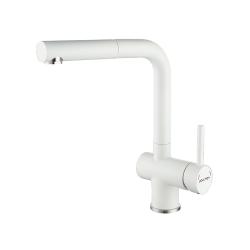 Смеситель для кухни/мойки Paulmark Dosse, однорычажный, поворотный, керамический картридж, высокий, выдвижной излив, длина излива 202 мм, нержавеющая сталь, цвет белый матовый