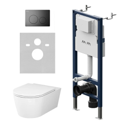 Комплект унитаза с инсталляцией AM.PM Func, c сиденьем микролифт, с механической клавишей цвет черный (кнопкой, клавишей двойного смыва), система для подвесного унитаза, со скрытым смывным бачком (бак), с подвесным унитазом