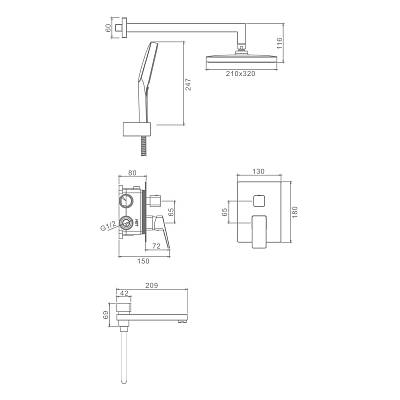 Душевая система Raglo R30.27.06 встраиваемая, цвет черный, комплект: однорычажный смеситель/излив/тропический душ прямоугольный (с верхней лейкой)/лейка/шланг, скрытый монтаж