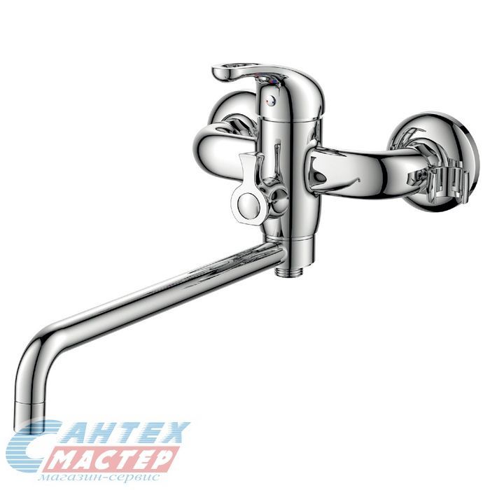 Смеситель для ванны/душа D&K Eucharius Rhein однорычажный, керамический, настенный, излив длинный литой 298 мм, латунь хром, горизонтальный, фиксированный, однорукий, кран, комплект, сантехника, размер, характеристики, высота, расстояние (Д&K)