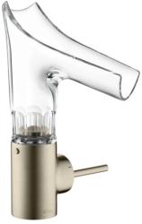 Смеситель для раковины Axor Starck V 140, однорычажный, стеклянный поворотный излив, с фасетной огранкой, длина излива 12,5 см, керамический, латунь, цвет: шлифованный никель, с незапираемым сливным набором