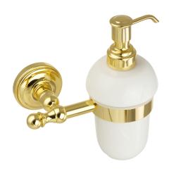 Дозатор жидкого мыла Migliore Mirella, настенный, керамика/латунь, форма округлая, для мыла в ванную/туалет/душевую кабину, цвет золото/белый