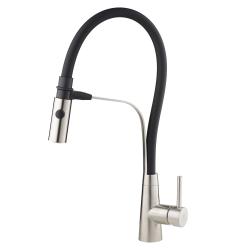 Смеситель для кухни/мойки AQUEDUC однорычажный, поворотный/гибкий, керамический, длина излива 250 мм, высота 240 мм, нержавеющая сталь/силикон, цвет сталь/черный 345734