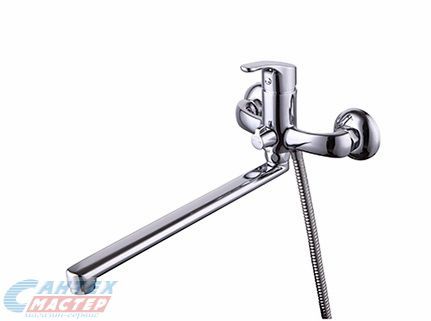 Смеситель для ванны/душа Zenta Файн однорычажный, керамический, настенный, излив поворотный 300 мм, с гибким шлангом, душем/лейкой, латунь, цвет хром, длинный, универсальный, горизонтальный, рычажный, кран, комплект, сантехника, размер