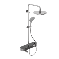 Душевая система Abelsberg Intensa с термостатом, высота 900−1300 мм цвет глянцевый хром, комплект: смеситель/излив/тропический душ округлый (с верхней лейкой)/лейка/стойка/шланг, латунь/ABS-пластик