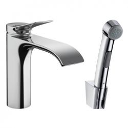 Смеситель для раковины Hansgrohe Vivenis, с гигиеническим душем/лейкой, однорычажный, фиксированный излив, длина 14,6 см, керамический, латунь, цвет хром, шланг 160 см, для биде, сливной клапан Push-Open