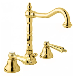 Смеситель для раковины Cezares First, на 3 отверстия, двухвентильный, высокий, длина излива 180 мм, поворотный, керамический, латунь, цвет золото 24 карат, с донным клапаном