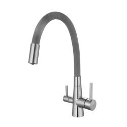 Смеситель для кухни/мойки Esko Coral с каналом для фильтрованной воды, однорычажный, поворотный, керамический картридж, гибкий излив 170 мм, высота излива 287 мм латунь, цвет серый/ сталь