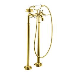 Смеситель для ванны Axor Montreux напольный, двухвентильный, с рычаговыми рукоятками, неповоротный, латунный, длина излива 23,4 см, керамический, цвет шлифованное золото, с душевым шлангом/держателем/лейкой