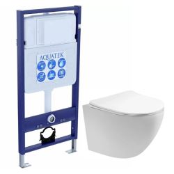 Комплект унитаза с инсталляцией Aquatek Европа (Сет) c сиденьем микролифт, безободковый, без кнопки, без крепления