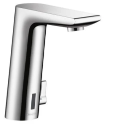 Смеситель для раковины Hansgrohe Metris S, электронный, сенсорный, фиксированный излив, длина 12,8 см, латунь, цвет хром, без донного клапана, питание от батареек, с регулировкой температуры