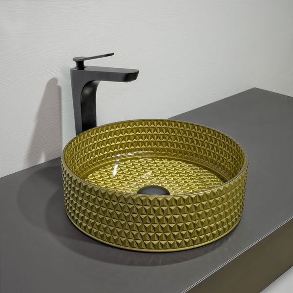 Раковина/умывальник Comforty, 36х36 см, накладная, круглая, стеклянная, цвет золотое стекло, без отверстия под смеситель, без слив-перелива, умывальник