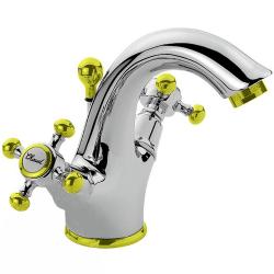 Смеситель для раковины Migliore Lady, двухвентильный, излив короткий, неповоротный, длина 110 мм, керамический, латунь, цвет хром/золото