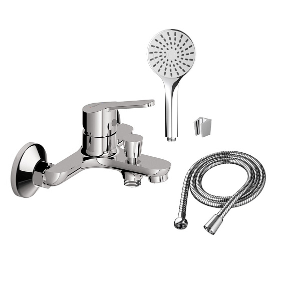 Смеситель для ванны/душа Dorff Norma однорычажный, керамический, настенный, излив короткий литой 102 мм, с гибким шлангом/лейкой, латунь, цвет хром 