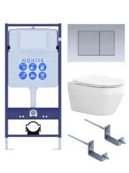 Комплект унитаза с инсталляцией Aquatek Лея (Сет) c сиденьем микролифт, с клавишей смыва (кнопкой, клавишей двойного смыва) хром матовый, комплект крепления