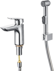 Смеситель для раковины/умывальника Aquatek Вега с гигиеническим душем, однорычажный, неповоротный, латунь, длина излива 115 мм, керамический, цвет хром