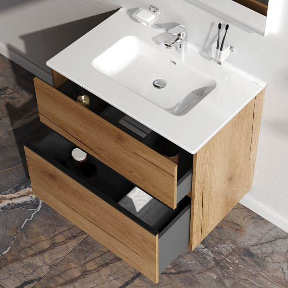 Тумба под раковину AM.PM Sense 80, 802x465x685 мм, подвесная/напольная, цвет светлое дерево/черная ручка, 2 выдвижных ящика, под раковину/умывальник, прямоугольная, универсальная