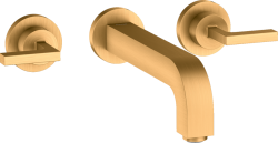 Смеситель для раковины Axor Citterio на 3 отверстия, двухвентильный, с рычаговыми рукоятками, настенный, скрытого монтажа, фиксированный излив, длина излива 22,2 см, керамический, латунь, цвет шлифованное золото, с отдельными розетками