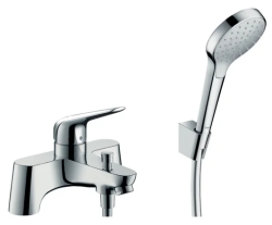 Смеситель для ванны Hansgrohe Novus на борт ванны однорычажный, неповоротный, латунный, длина излива 14,1 см, керамический, цвет хром, с душевым шлангом/лейкой/держателем ручного душа, на 2 отверстия