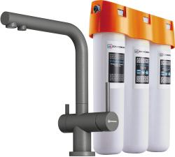 Комплект: смеситель для кухни Omoikiri Nagano-PL-P + фильтр Pure drop Lite для очистки воды трехступенчатый, смеситель однорычажный, поворотный, керамический, длина излива 206 мм, латунь, цвет платина