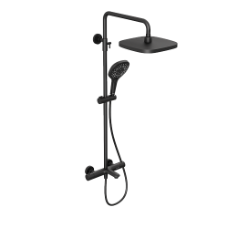 Душевая система Abelsberg Perfecta с термостатом, высота 900−1300 мм цвет вулканический черный, комплект: смеситель/излив/тропический душ прямоугольный (с верхней лейкой)/лейка/стойка/шланг, латунь/ABS-пластик