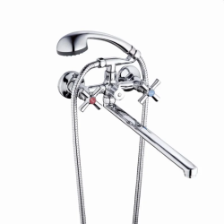 Смеситель для ванны/душа G-lauf QMT7-B722 двухвентильный, керамический, настенный, излив поворотный 361 мм, с гибким шлангом, душем/лейкой, цинк, цвет хром