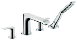Смеситель для ванны Hansgrohe Metris на борт ванны двурычажный, неповоротный, латунный, длина излива 19,4 см, керамический, цвет хром, с душевым шлангом/лейкой, на 4 отверстия