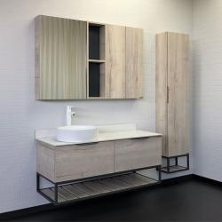 Тумба с раковиной Comforty Порто-120-1, 120х64,5х52 см, подвесная, 2 выдвижных ящика/открытая полка, ЛДСП/сталь, прямоугольная, цвет- дуб дымчатый/белый/раковина COMFORTY 9110, круглая, цвет белый, накладная