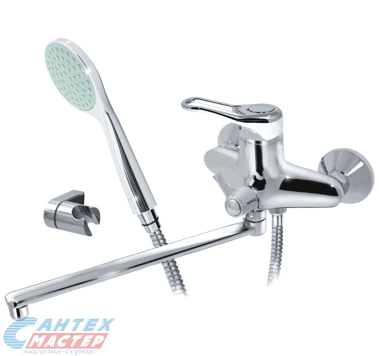 Смеситель для ванны/душа Варион Master однорычажный, керамический, настенный, излив поворотный 330 мм, с гибким шлангом, душем/лейкой, латунь, цвет хром, длинный, универсальный, горизонтальный, рычажный, кран, комплект, сантехника, размер