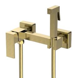 Смеситель с гигиеническим душем Splenka S98.51.03, настенный, однорычажный, керамический, без излива, с гибким шлангом/лейкой, латунь, цвет сатин золотой