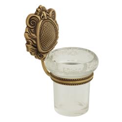 Стакан Migliore Cleopatra, с держателем, настенный, латунь/стекло, форма округлая, для зубных щеток в ванную/туалет/душевую кабину, цвет бронза/матовое стекло с декором