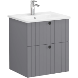 Тумба с раковиной Vitra Root Groove 60, 565х670х450 мм, подвесная, 2 выдвижных ящика, МДФ, система плавного закрывания, прямоугольная, цвет: серый матовый/умывальник, прямоугольный, цвет белый
