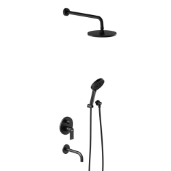 Душевая система Damixa Apollo встраиваемая, цвет черный матовый, комплект: смеситель/излив/тропический душ круглый (с верхней лейкой)/лейка/шланг, латунь/ABS-пластик/ПВХ, скрытого монтажа 