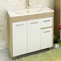 Тумба с раковиной Comforty Тулуза 90, 90х85,5х46,5 см, напольная, 2 распашные дверцы/2 выдвижных ящика, ЛДСП/МДФ, прямоугольная, цвет- сосна лоредо/раковина Quadro 90, прямоугольная, цвет белый, встраиваемая