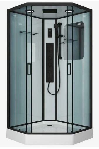 Душевая кабина 100х100х210 см Niagara Premium поддон низкий, пятиугольная, угловая, стекло тонированное, заднее белое, без гидромассажа, с верхним душем, сенсорная