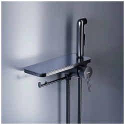 Смеситель с гигиеническим душем Damixa Origin Bit однорычажный, керамический, настенный, без излива, с полкой/держателем для туалетной бумаги, латунь черный матовый